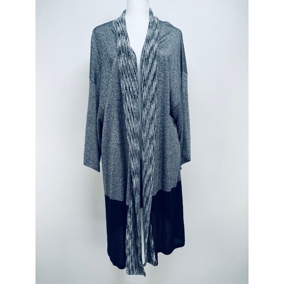 Chicos Sweater Cardigan Sz 2 Black Gray Knit Midi Kimono Open Front Casual - Picture 7 of 9